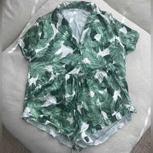 Leaf Print Green Satin PJ Set